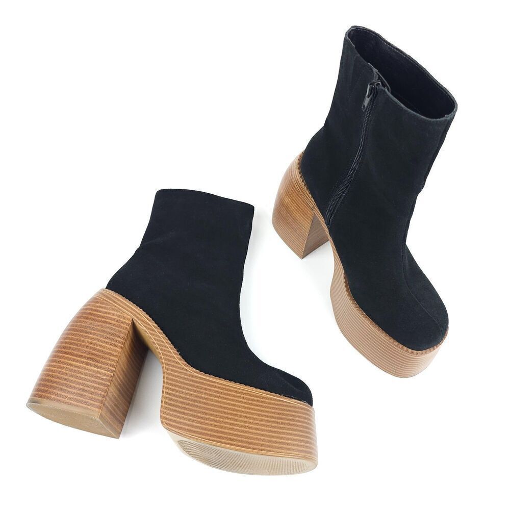 URBAN OUTFITTERS Anna Platform Gogo Boots Black Suede Leather 90s Boho Grunge 9 - Picture 2 of 11